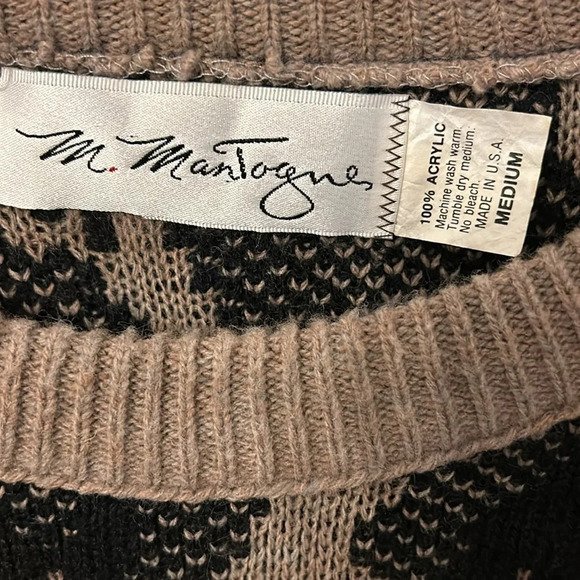 M. Mantogne Men’s (M) Black Tan 3D Knit Neutral Crewneck Sweater Vintage 80’s - Picture 3 of 5